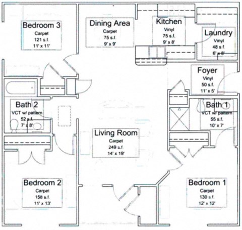 Floor plan for 3 beds, 2 baths, 1106 sqft